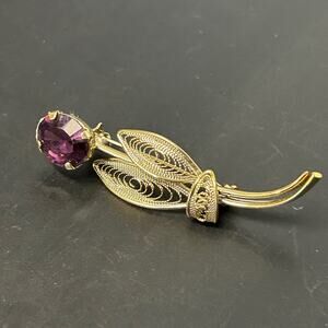 Vintage Gold Toned Filigree Work Large Purple Faceted Rhinestone Flower Brooch
